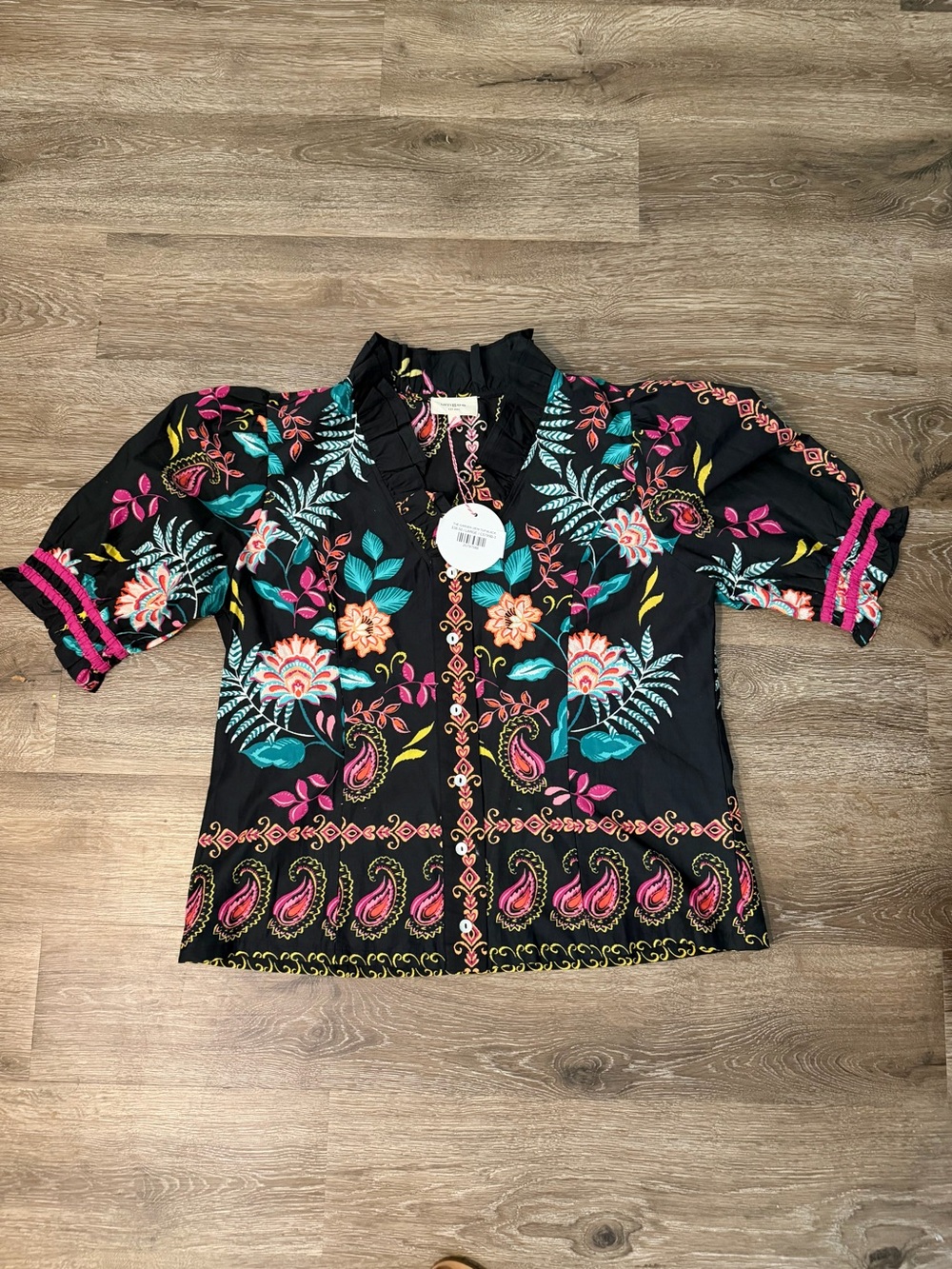 Umgee Black Floral Blouse with Pink & Teal Accents